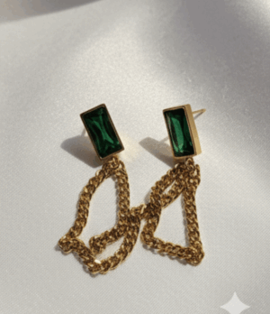 Stainless Steel Emerald Green Zircon Chain Earrings
