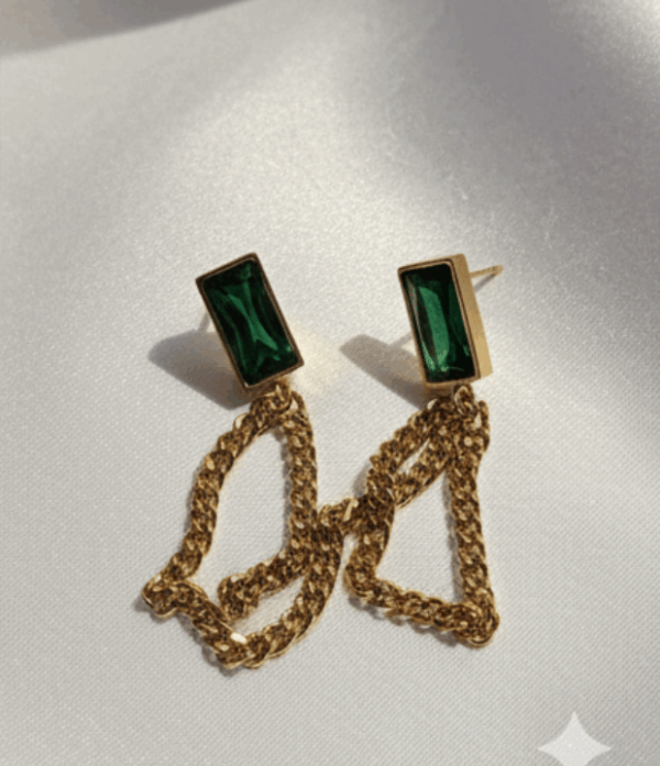Stainless Steel Emerald Green Zircon Chain Earrings