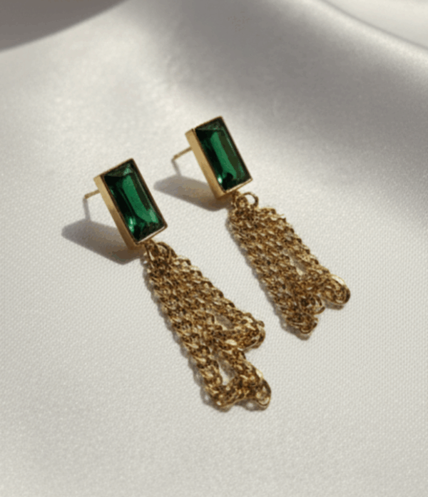 Stainless Steel Emerald Green Zircon Chain Earrings