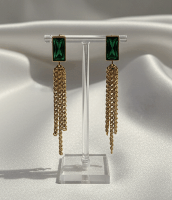 Stainless Steel Emerald Green Zircon Chain Earrings