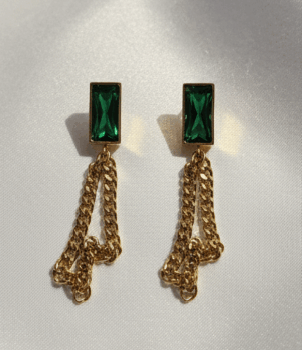 Stainless Steel Emerald Green Zircon Chain Earrings